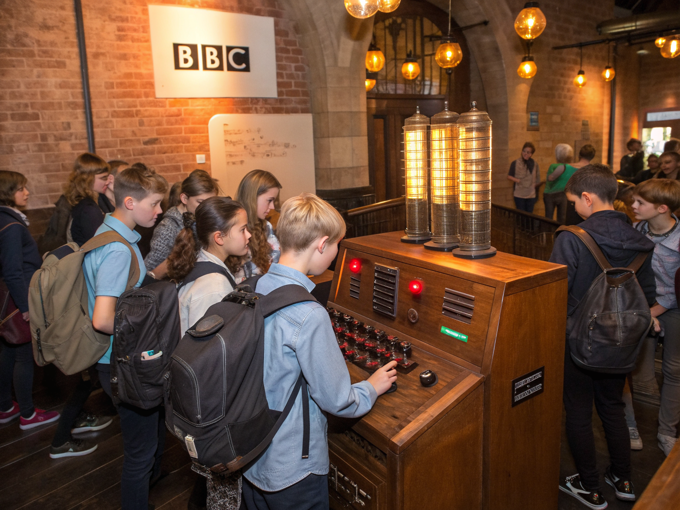Students participating in a historical radio workshop at the museum